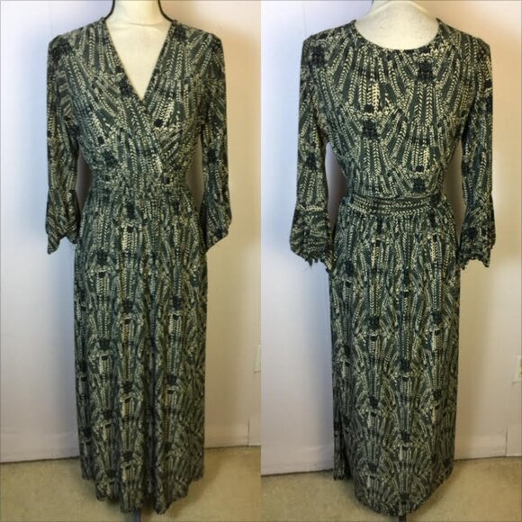 Lapogee Maxi Wrap Dress Size S Womans Black Beige Bell Sleeve Smocked Waist Boho - Picture 1 of 14